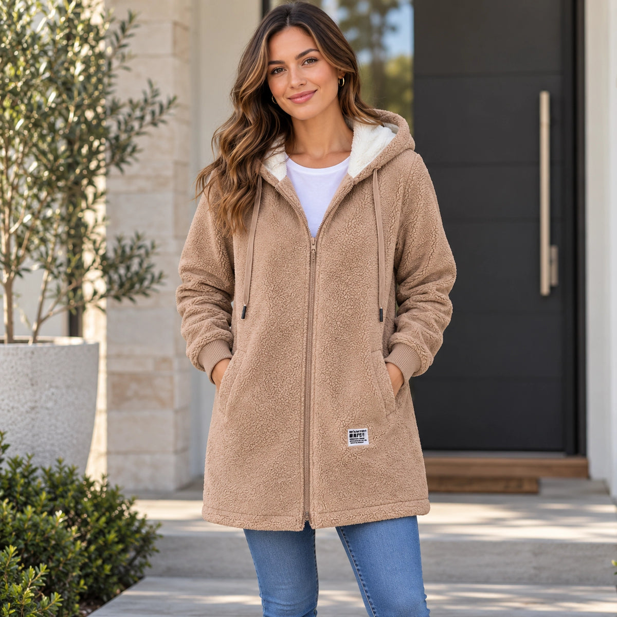 Luna Khaki fleece jacket front color image, complete garment on a happy female model. — view 3