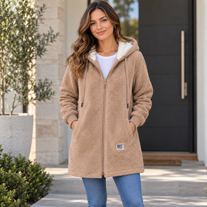 Luna Khaki fleece jacket front color image, complete garment on a happy female model. — view 3