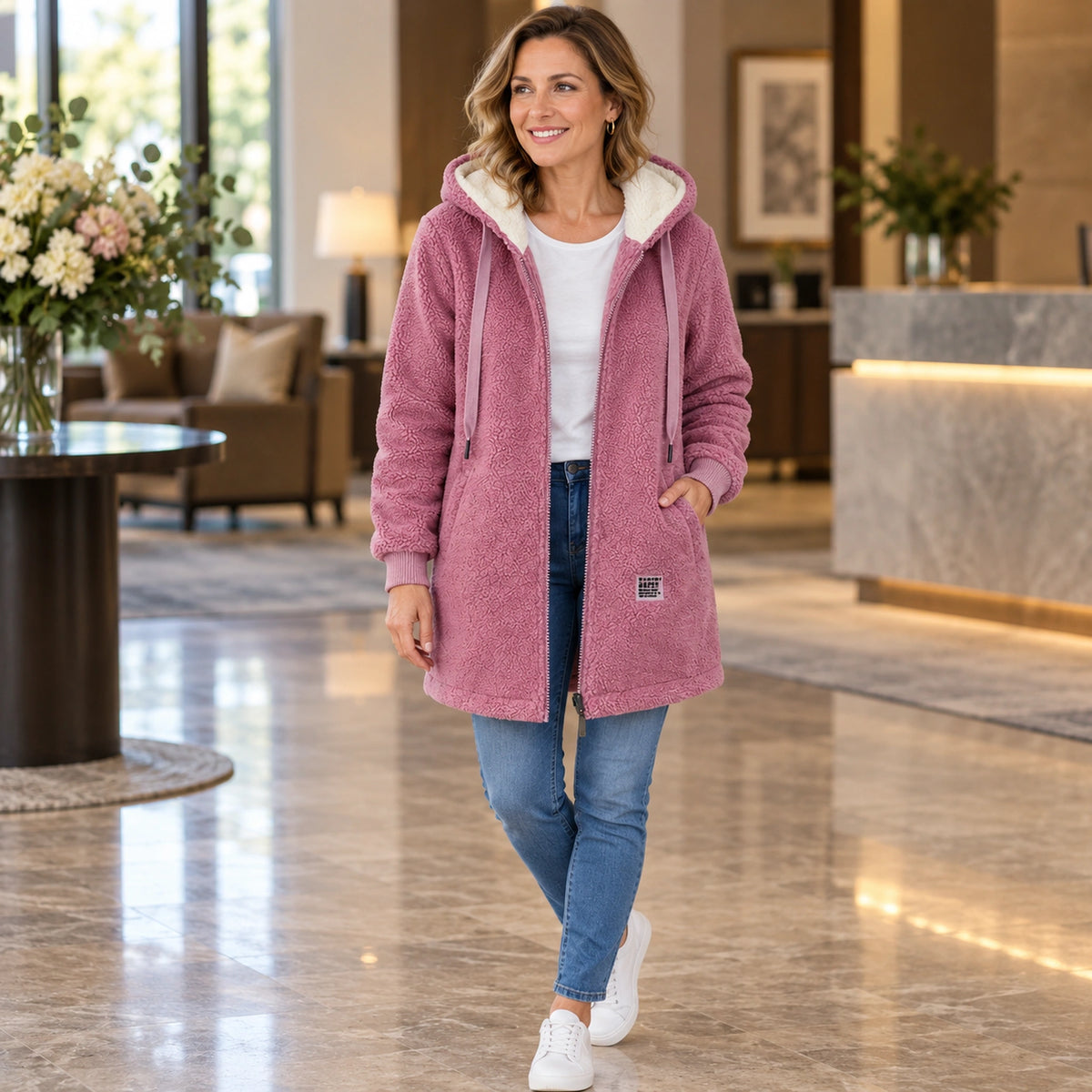 Luna Pink fleece jacket worn open, three quarter view on a mature female model. — view 4