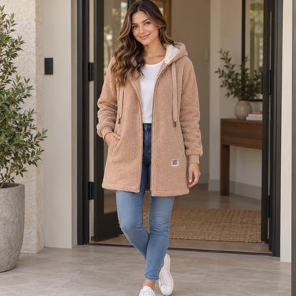 Luna Khaki fleece jacket worn open on a mature female model, complete garment. — view 6