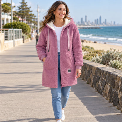 Luna Pink fleece jacket photo on a cool windy Australian coastal morning. — view 7