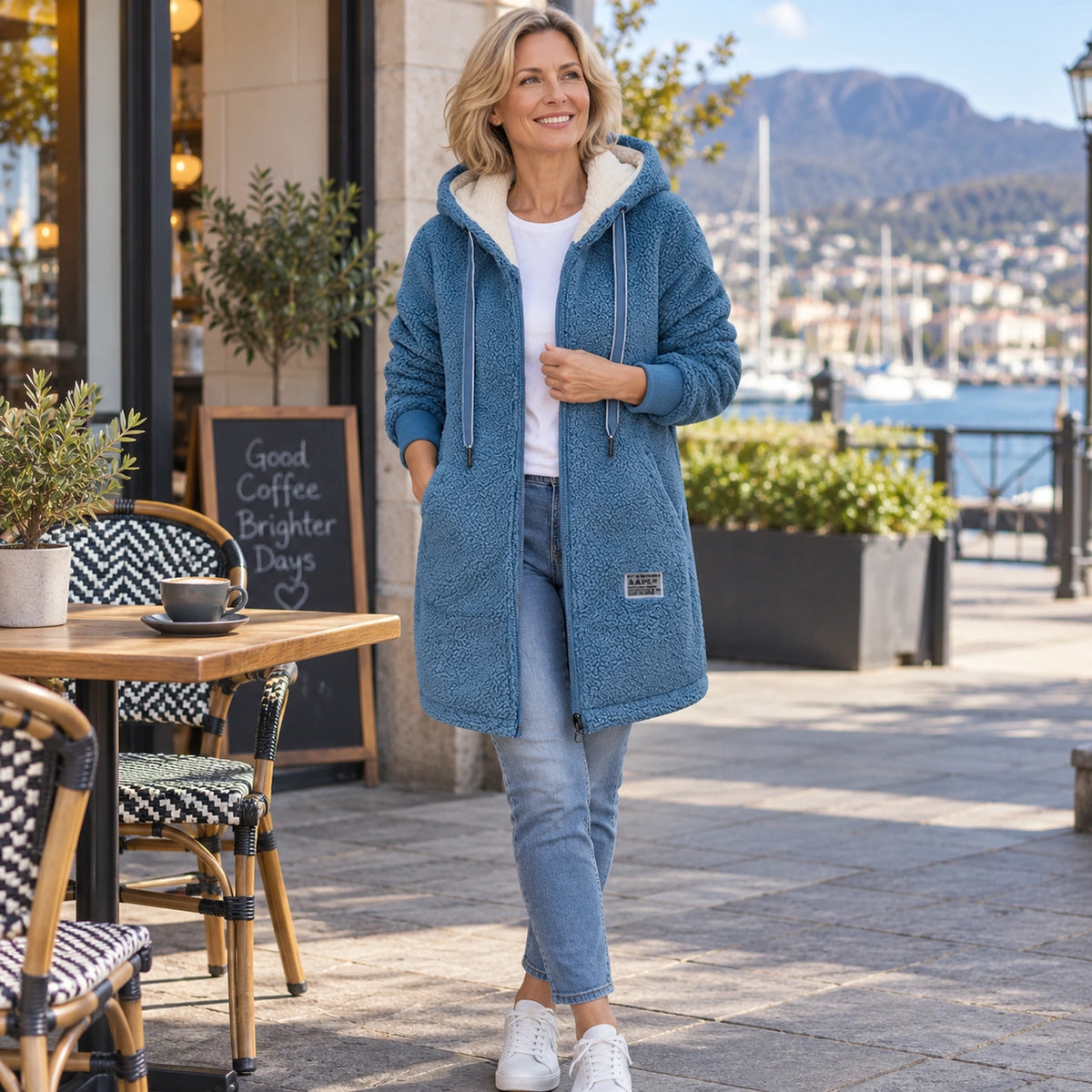 Luna Blue fleece jacket photo at a Tasmanian cafe on cool morning. — view 8