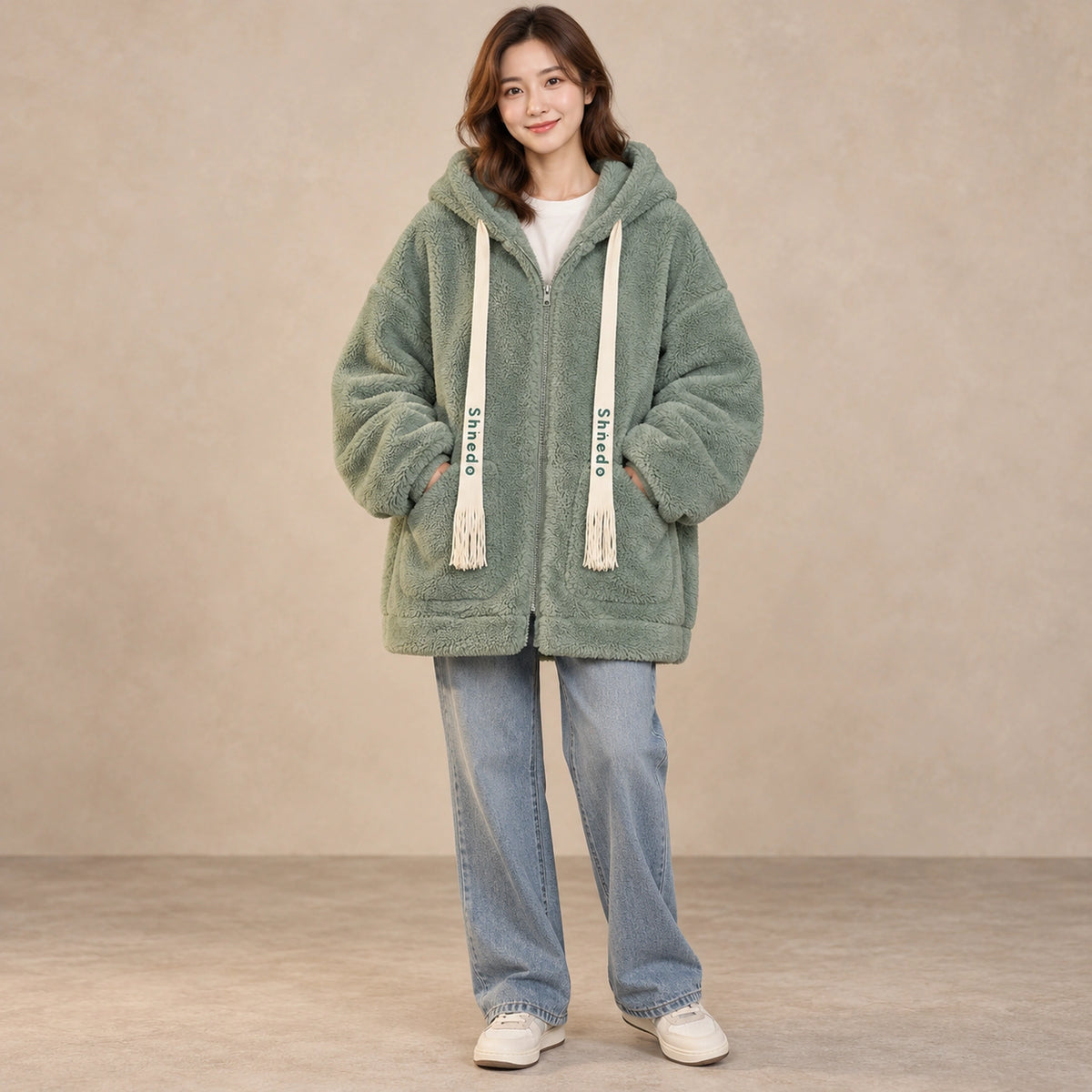 Green oversized plush fleece jacket, complete front view