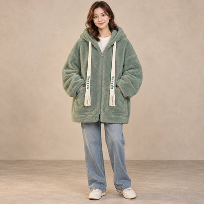 Green oversized plush fleece jacket, complete front view