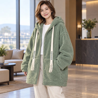 Green oversized plush fleece jacket, complete angled front view — view 4