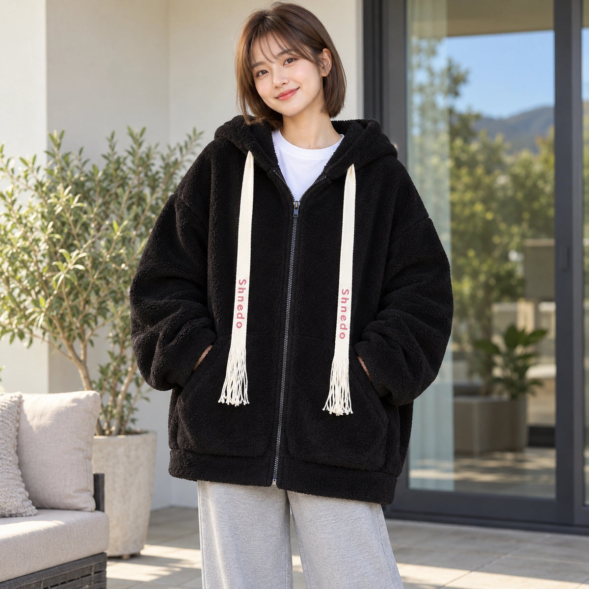 Black oversized plush fleece jacket, complete angled front view — view 6