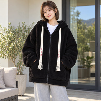 Black oversized plush fleece jacket, complete angled front view — view 6