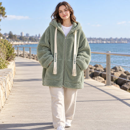 Green oversized plush fleece jacket, coastal spring front view — view 7