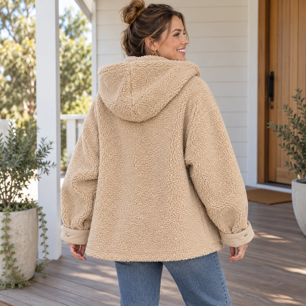 fleece jacket — Apricot Freya reversible jacket, complete rear view of beige teddy fleece side — view 5
