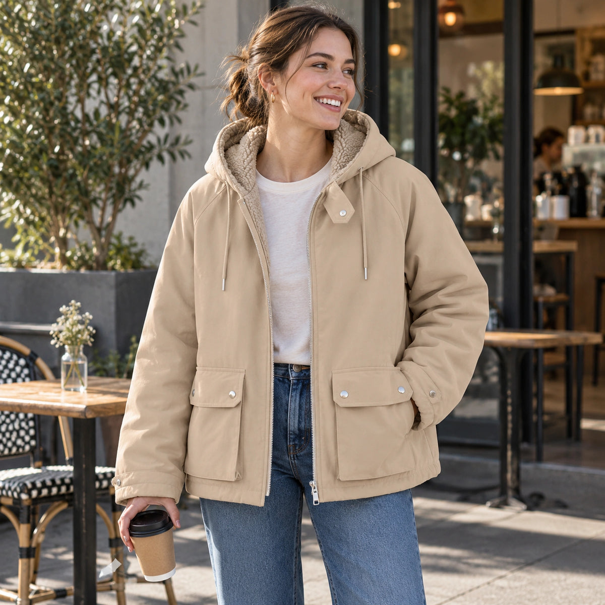 fleece jacket — Apricot Freya reversible jacket, young model wearing shell side at Melbourne cafe — view 7