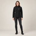 Women's Stand Collar Fleece Jacket — Ingrid, Black, complete front view, worn by an adult model, professional image