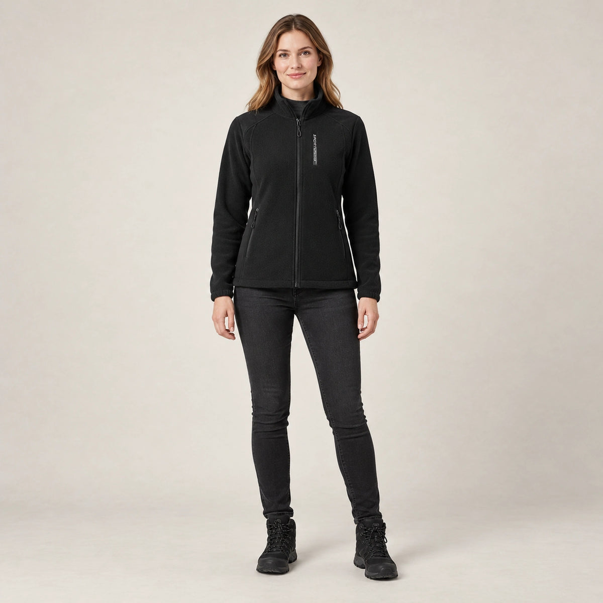 Women's Stand Collar Fleece Jacket — Ingrid, Black, complete front view, worn by an adult model, professional image
