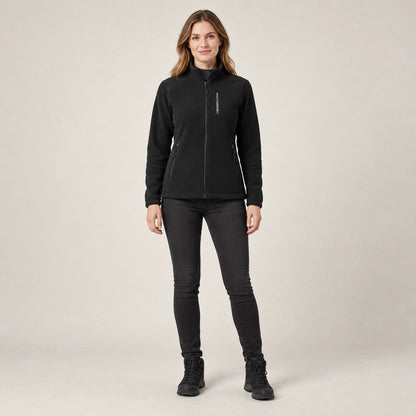 Women's Stand Collar Fleece Jacket — Ingrid, Black, complete front view, worn by an adult model, professional image