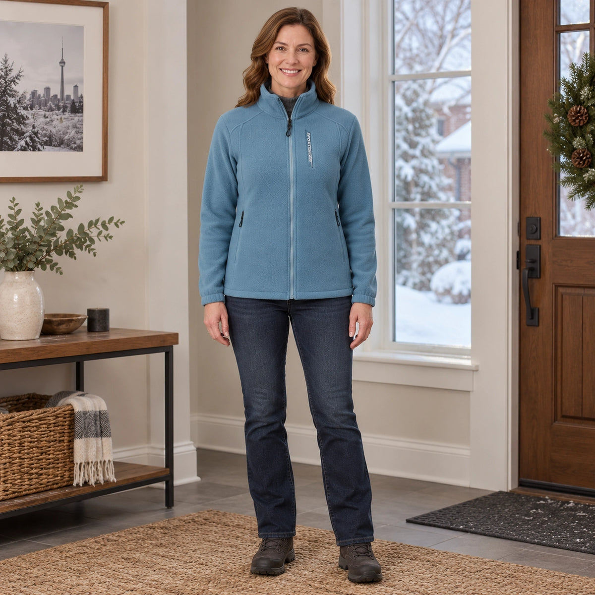 Women's Stand Collar Fleece Jacket — Ingrid, Dusty Blue, complete front view, worn by an adult model, Usa and Canada — view 2