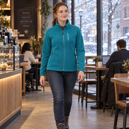 Women's Stand Collar Fleece Jacket — Ingrid, Turquoise, view, worn by an adult model, Usa and Canada — view 7