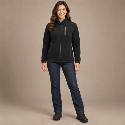 Women's Stand Collar Zip Up Fleece Jacket — Liv, Black, complete front view, worn by an adult model, professional image