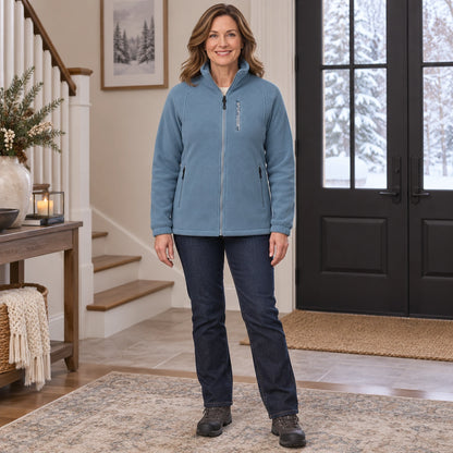 Women's Stand Collar Zip Up Fleece Jacket — Liv, Dusty Blue, complete front view, worn by an adult model, Usa and — view 2