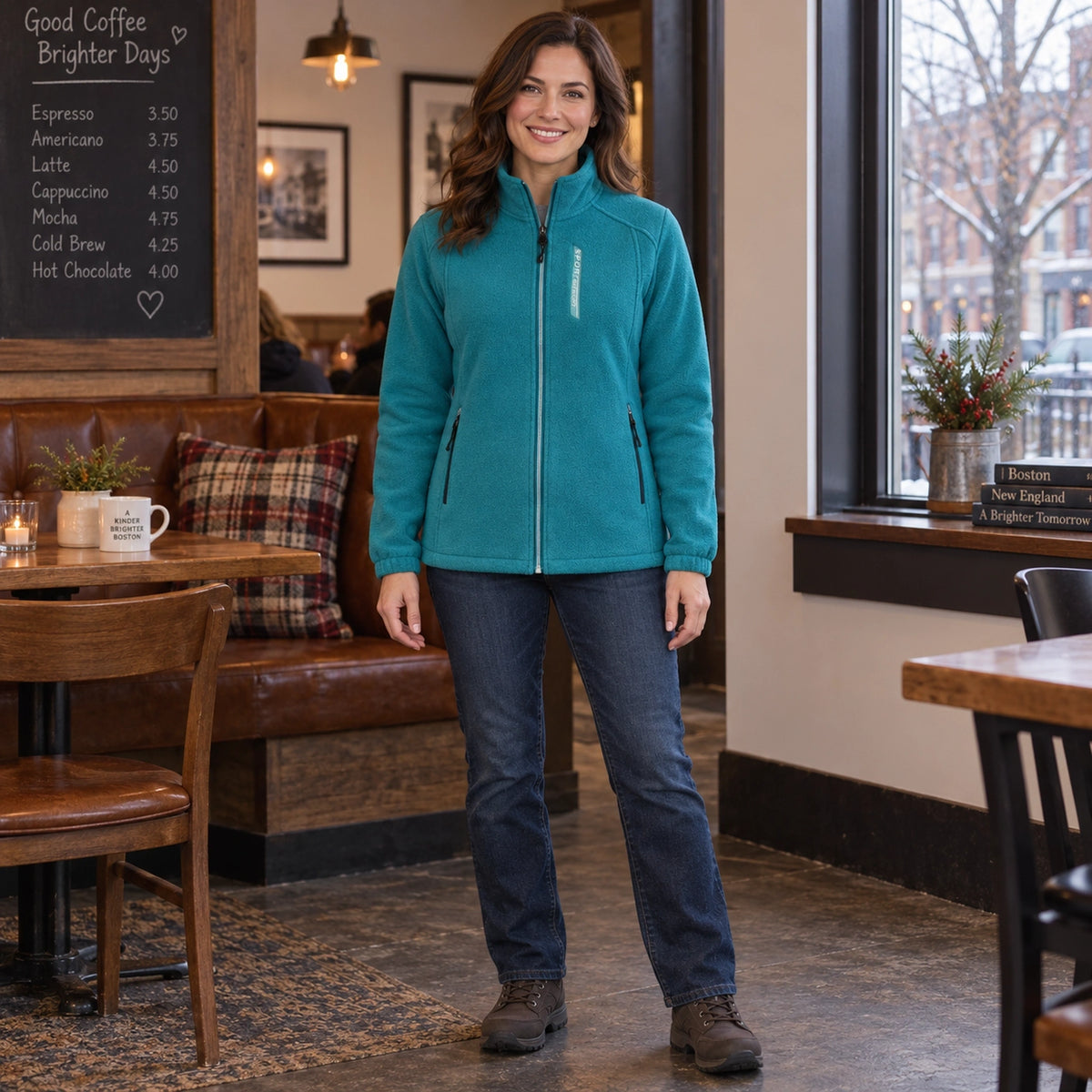 Women's Stand Collar Zip Up Fleece Jacket — Liv, Turquoise Blue, complete front view, worn by an adult model, Usa — view 3