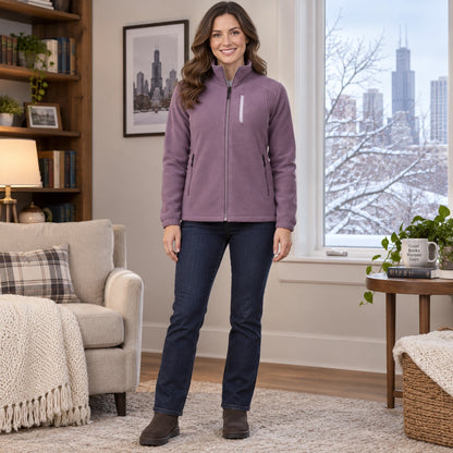 Women's Stand Collar Zip Up Fleece Jacket — Liv, Purple, complete front view, worn by an adult model, Usa and Canada — view 5