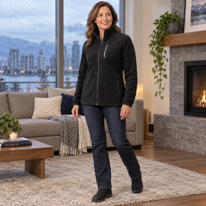 Women's Stand Collar Zip Up Fleece Jacket — Liv, Black, three quarter view, worn by an adult model, Usa and Canada — view 6