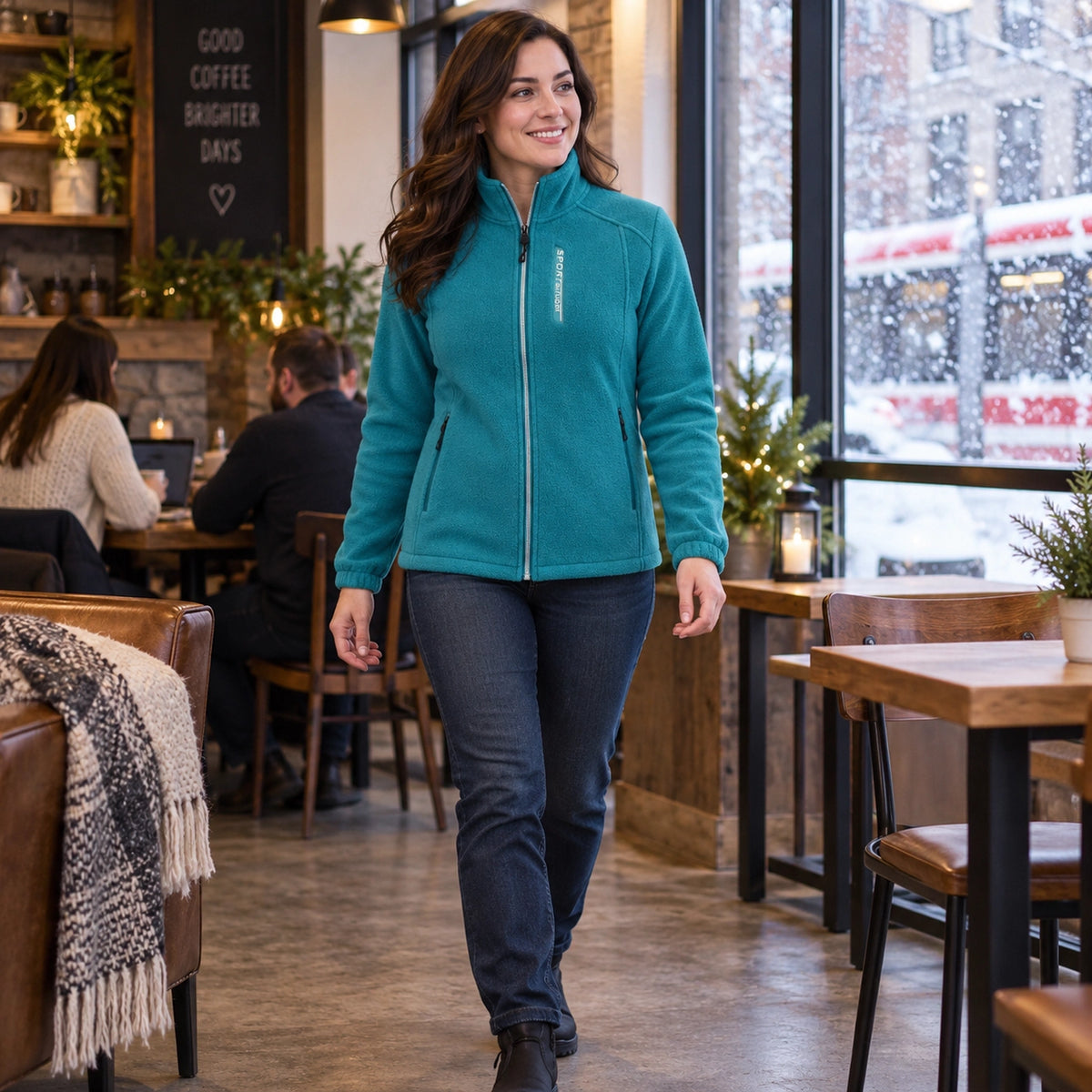 Women's Stand Collar Zip Up Fleece Jacket — Liv, Turquoise Blue, view, worn by an adult model, Usa and Canada — view 7