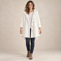 fleece jacket — Women's Textured Hooded Button Front Fleece Coat — FleeceLux, Ivory, complete view, worn by an adult model