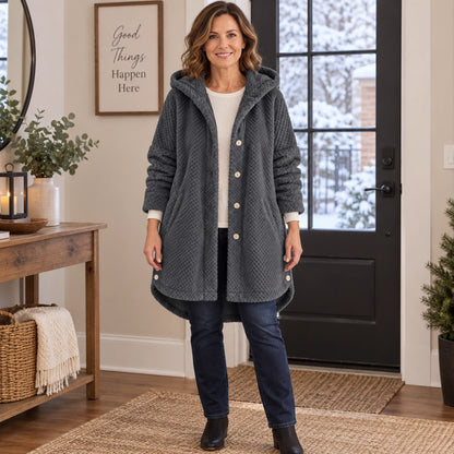 fleece jacket — Women's Textured Hooded Button Front Fleece Coat — FleeceLux, Charcoal Gray, complete view, worn by — view 2