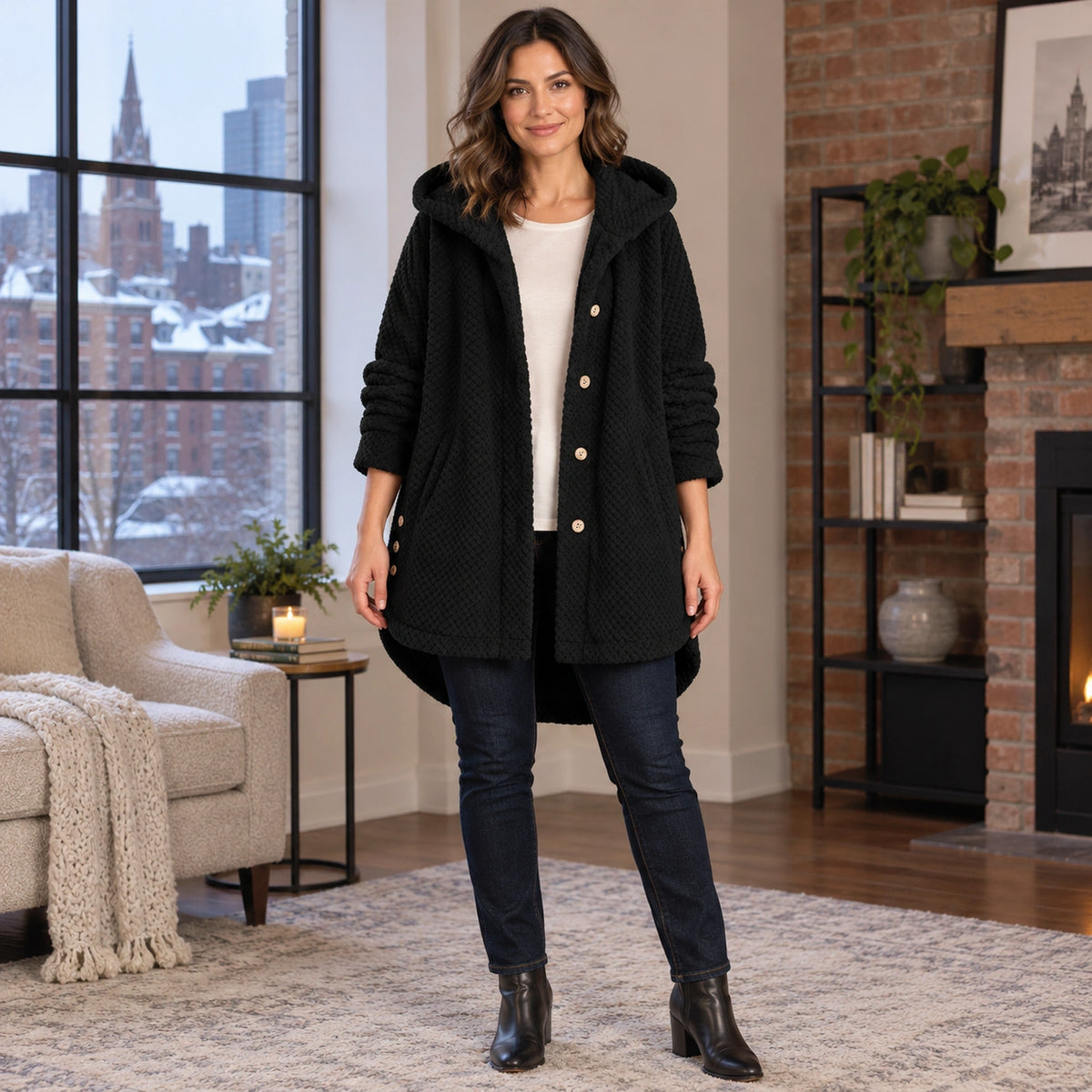 fleece jacket — Women's Textured Hooded Button Front Fleece Coat — FleeceLux, Black, complete view, worn by an adult — view 3