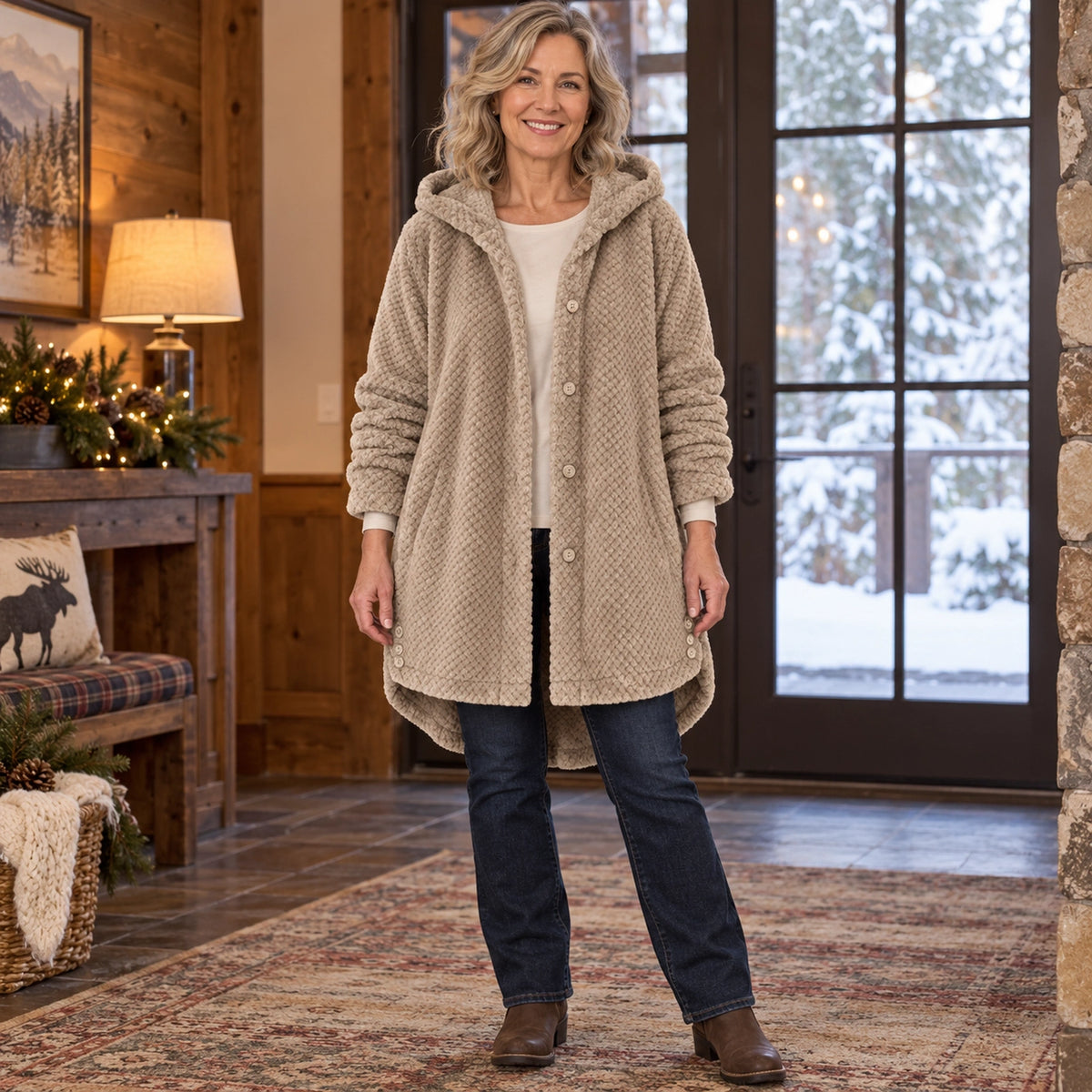 fleece jacket — Women's Textured Hooded Button Front Fleece Coat — FleeceLux, Beige, complete view, worn by an adult — view 4