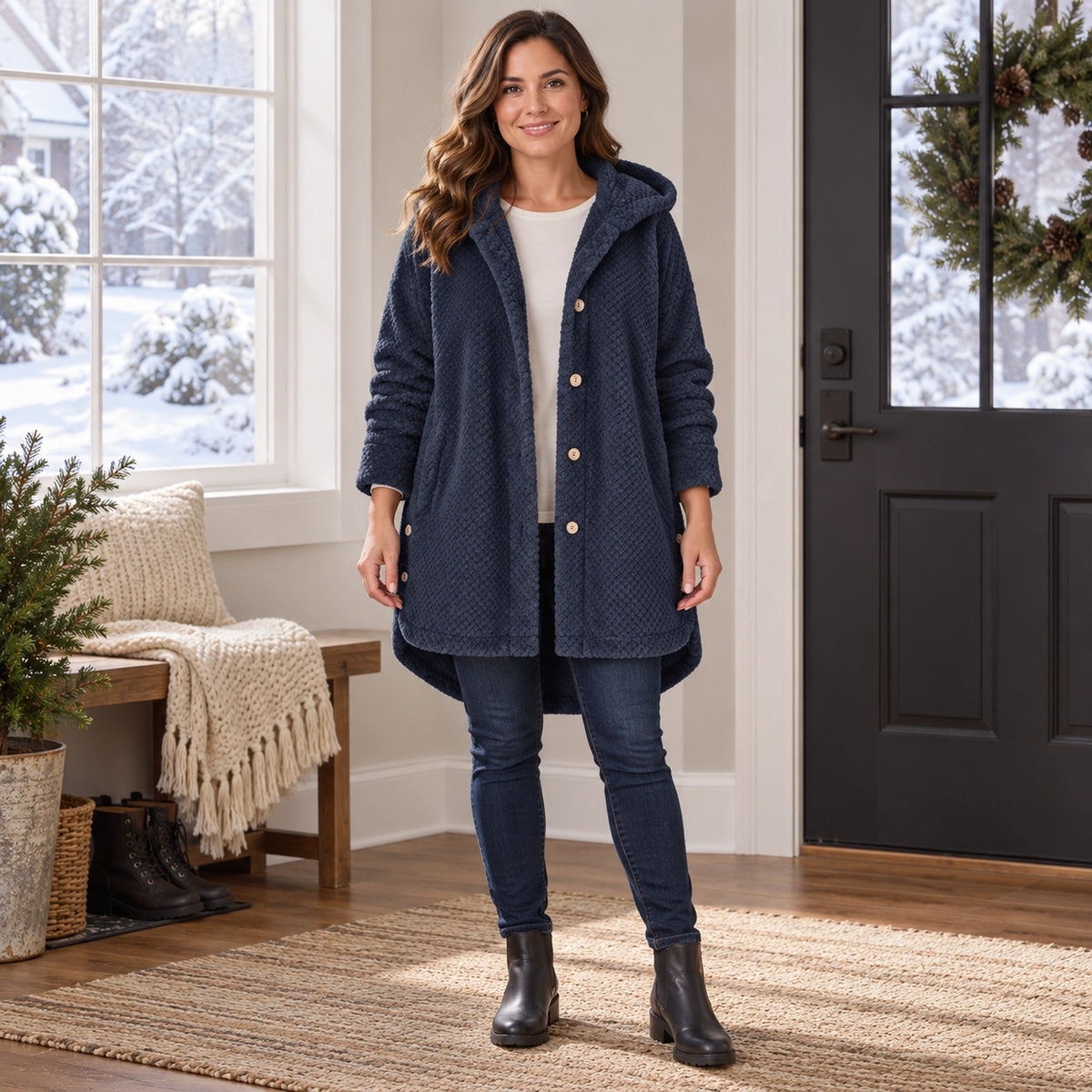 fleece jacket — Women's Textured Hooded Button Front Fleece Coat — FleeceLux, Navy Blue, complete view, worn by an — view 7