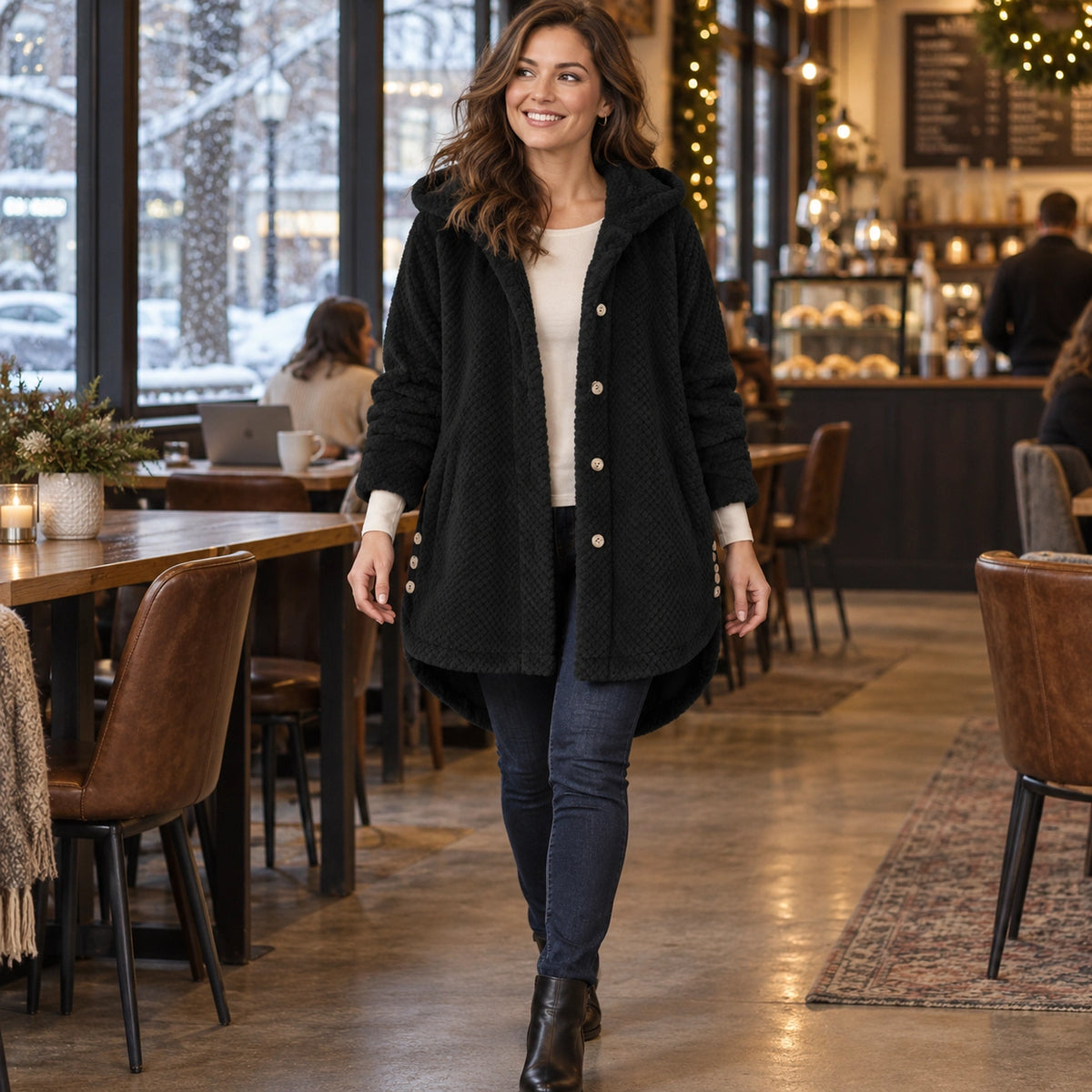 fleece jacket — Women's Textured Hooded Button Front Fleece Coat — FleeceLux, Black, view, worn by an adult model — view 9