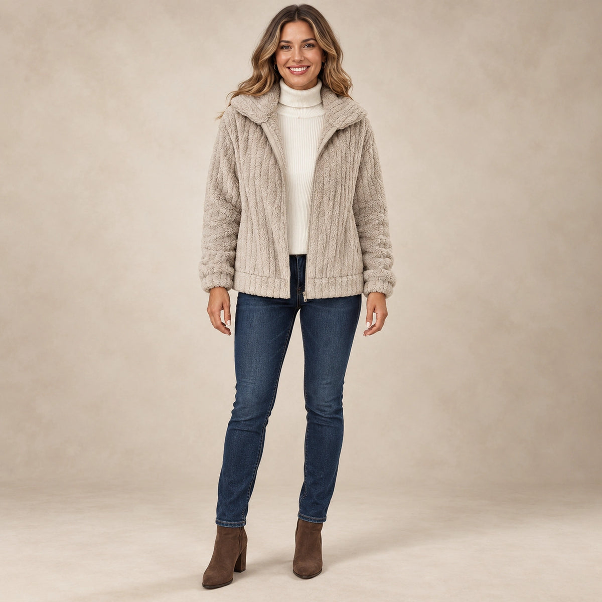 Women's Textured Hooded Fleece Jacket — Ember, Oatmeal, complete front view, worn by an adult model, professional image