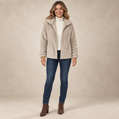 Women's Textured Hooded Fleece Jacket — Ember, Oatmeal, complete front view, worn by an adult model, professional image