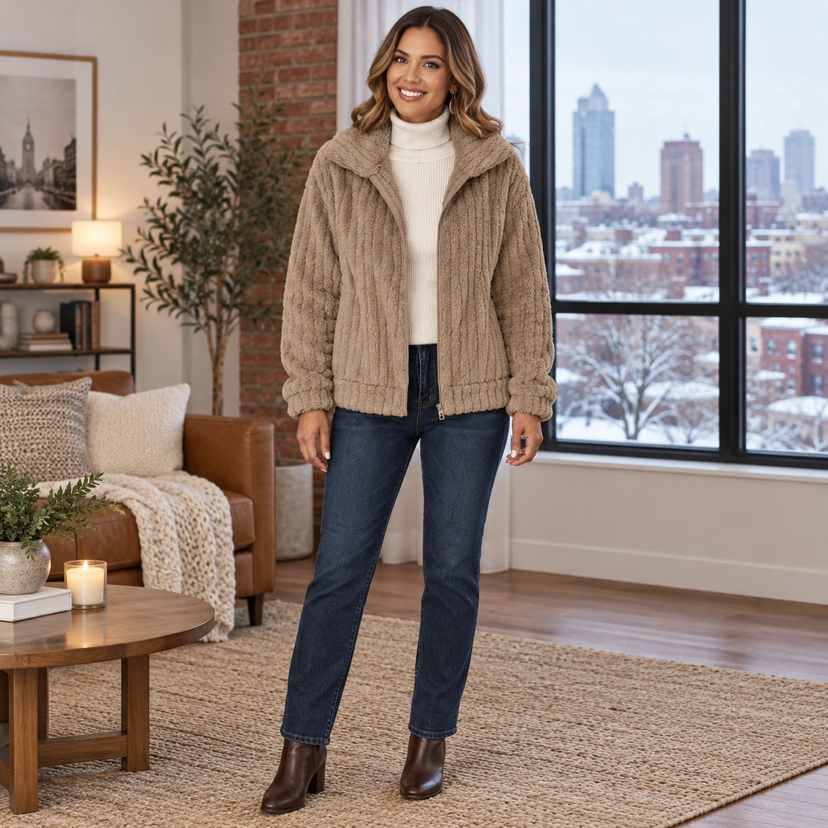 Women's Textured Hooded Fleece Jacket — Ember, Khaki, complete front view, worn by an adult model, Usa and Canada — view 3