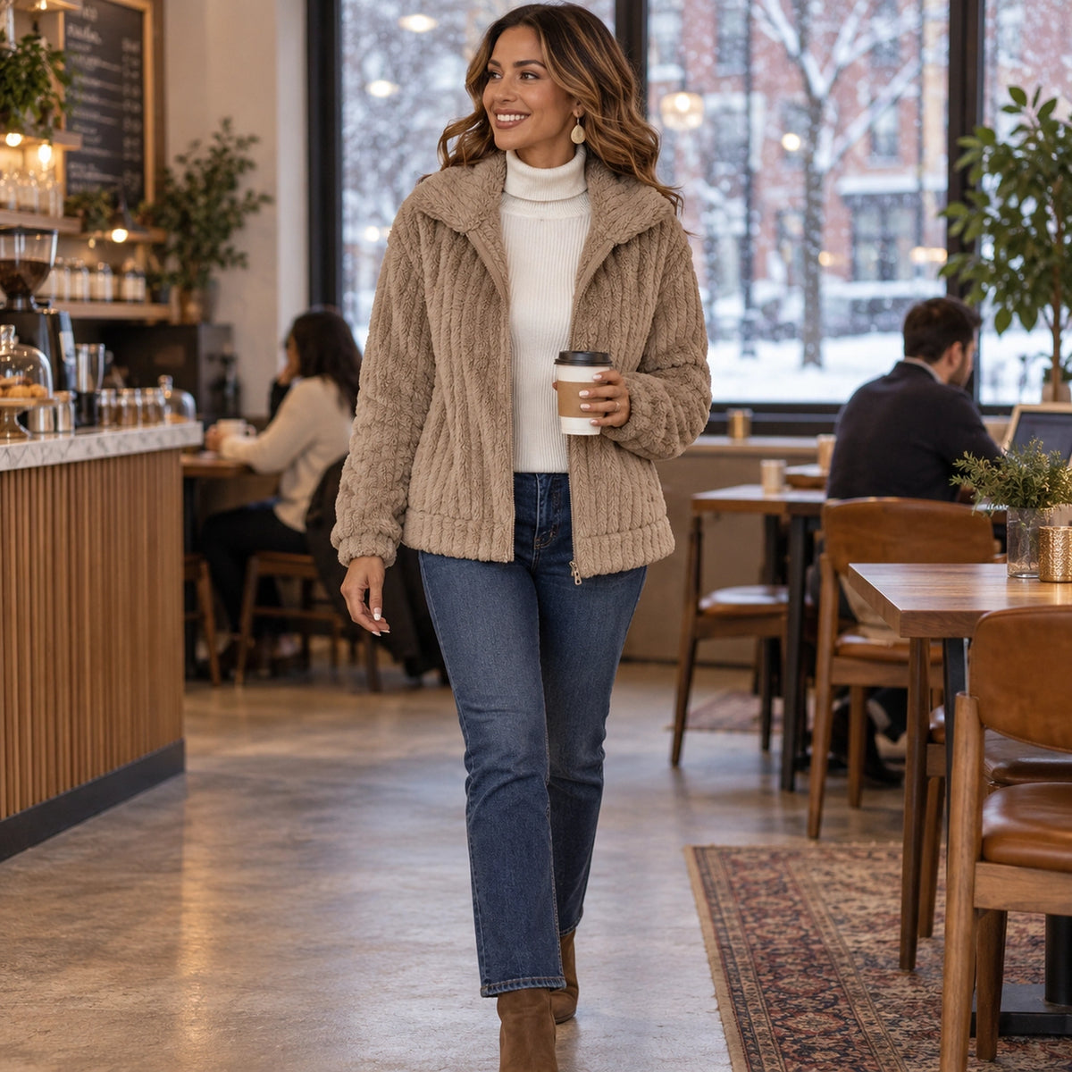 Women's Textured Hooded Fleece Jacket — Ember, Khaki, view, worn by an adult model, Usa and Canada November–December — view 7