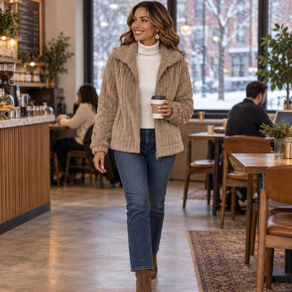 Women's Textured Hooded Fleece Jacket — Ember, Khaki, view, worn by an adult model, Usa and Canada November–December — view 7