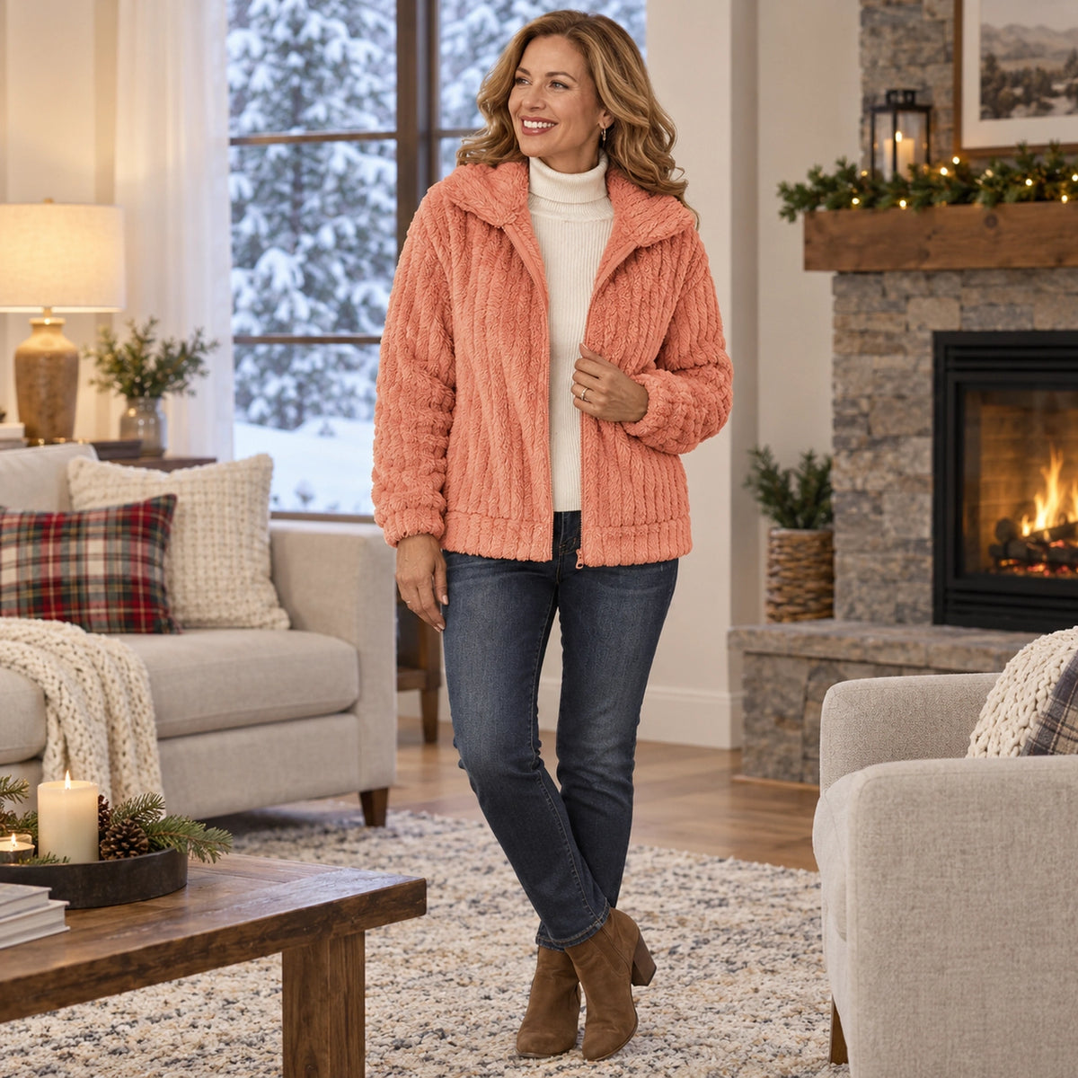 Women's Textured Hooded Fleece Jacket — Ember, Coral Pink, view, worn by an adult model, Usa and Canada — view 8