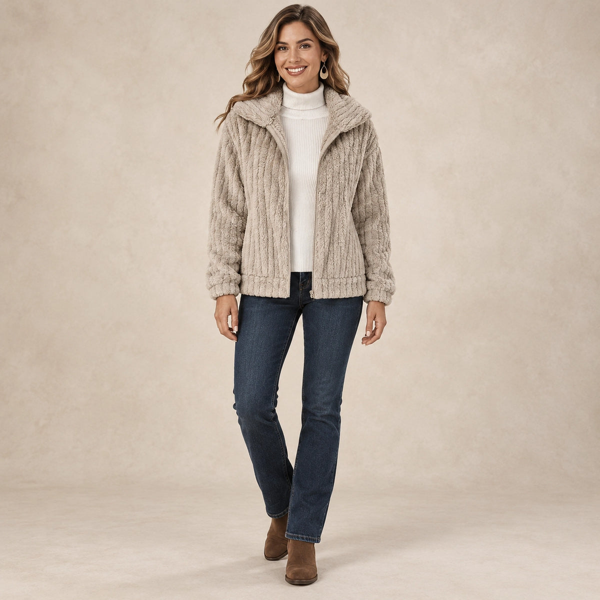 Women's Textured Hooded Zip Up Fleece Jacket — Charlotte, Oatmeal, complete front view, worn by an adult model, professional