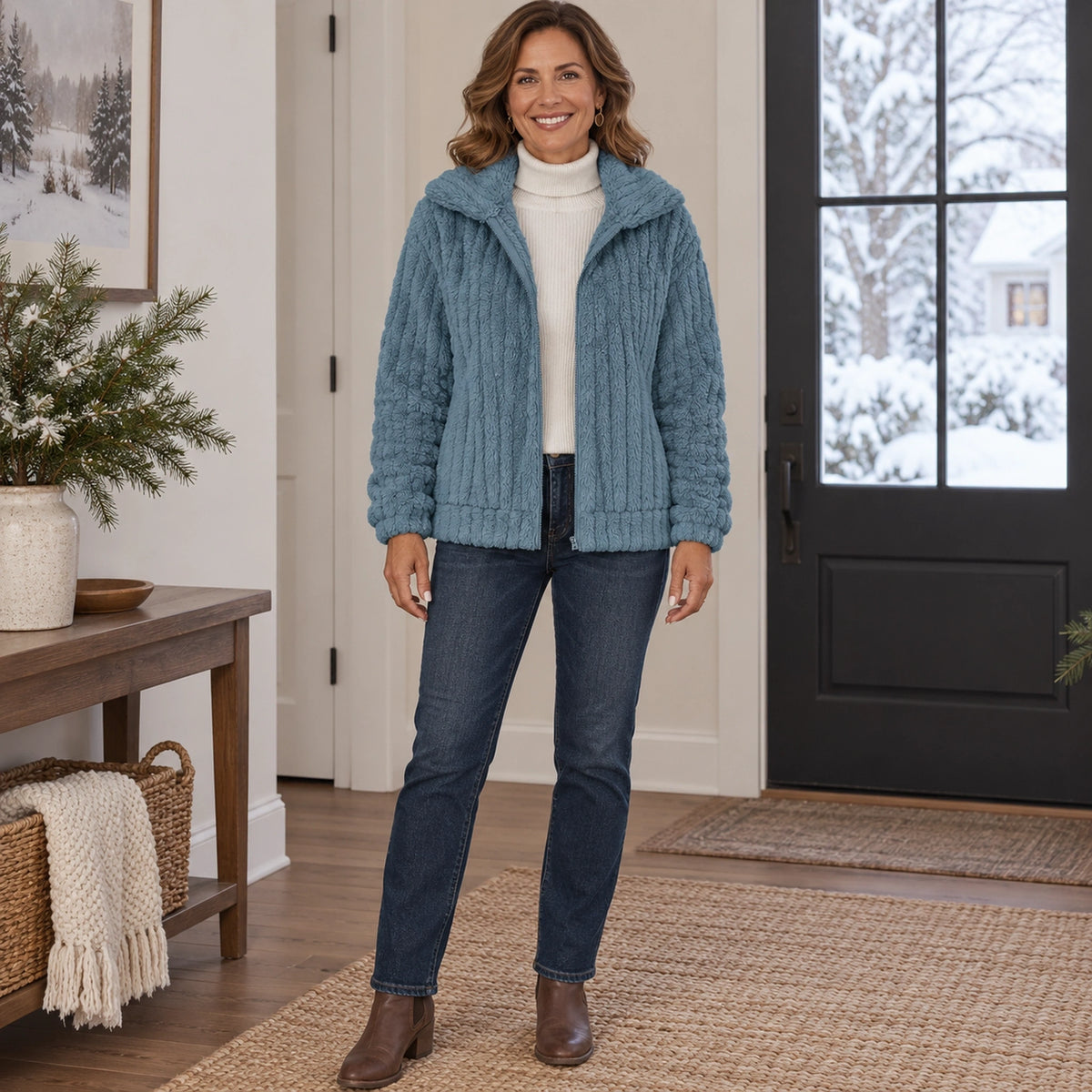 Women's Textured Hooded Zip Up Fleece Jacket — Charlotte, Blue, complete front view, worn by an adult model, Usa and — view 2