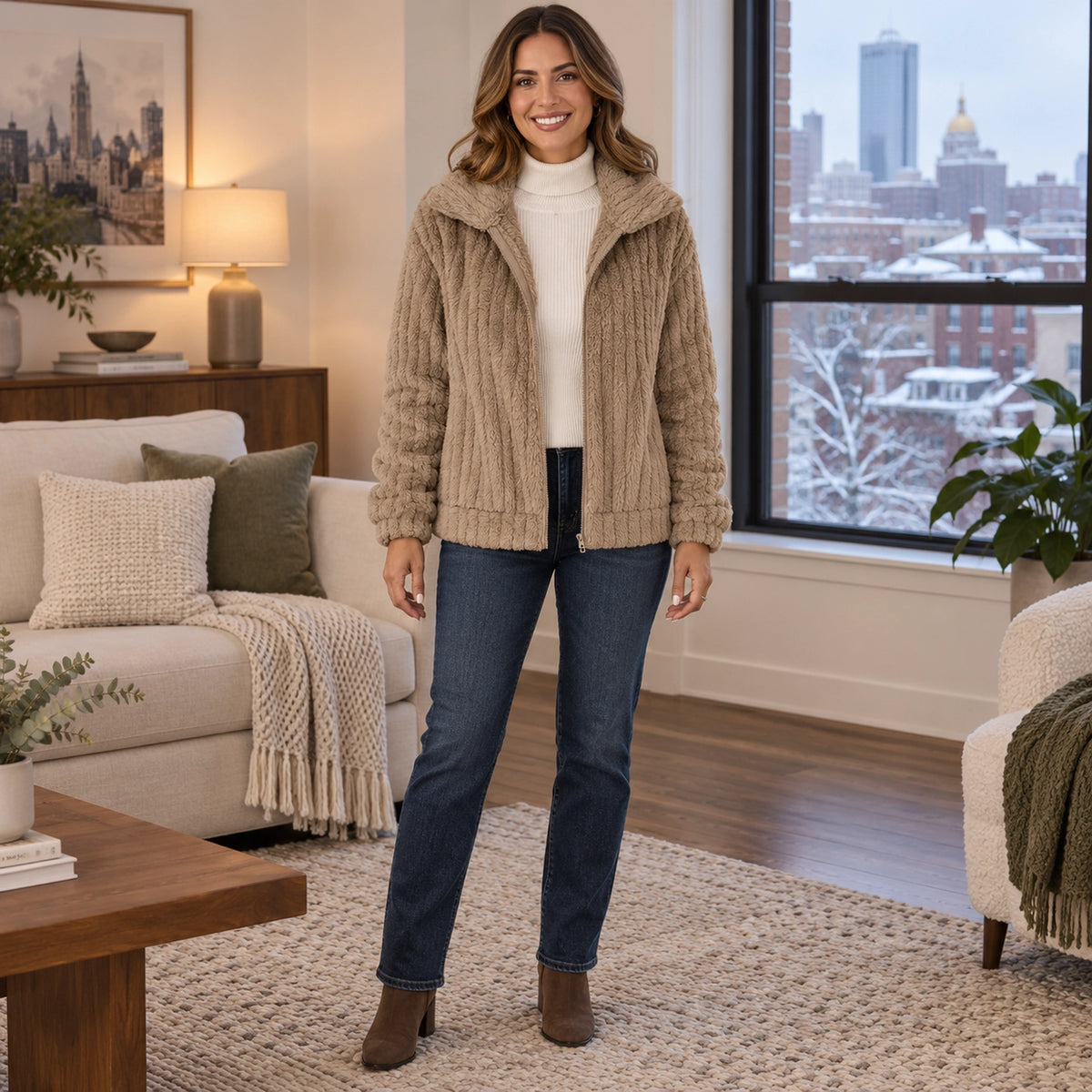 Women's Textured Hooded Zip Up Fleece Jacket — Charlotte, Khaki, complete front view, worn by an adult model, Usa — view 3