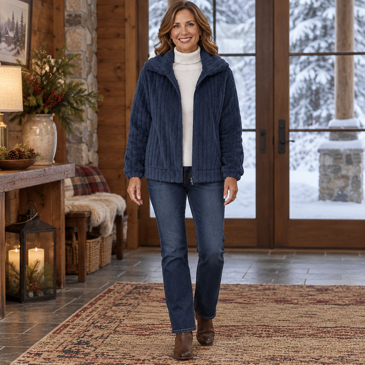 Women's Textured Hooded Zip Up Fleece Jacket — Charlotte, Navy Blue, complete front view, worn by an adult model — view 4