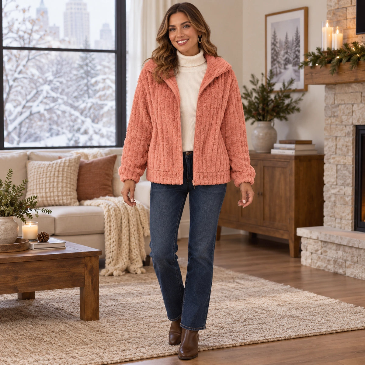 Women's Textured Hooded Zip Up Fleece Jacket — Charlotte, Coral Pink, complete front view, worn by an adult model — view 5