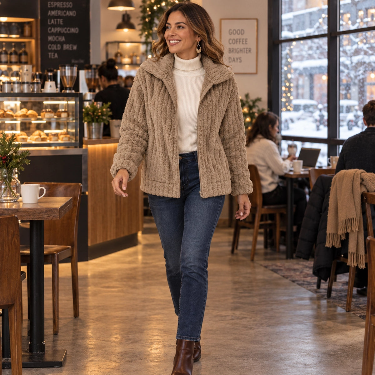 Women's Textured Hooded Zip Up Fleece Jacket — Charlotte, Khaki, view, worn by an adult model, Usa and Canada — view 7