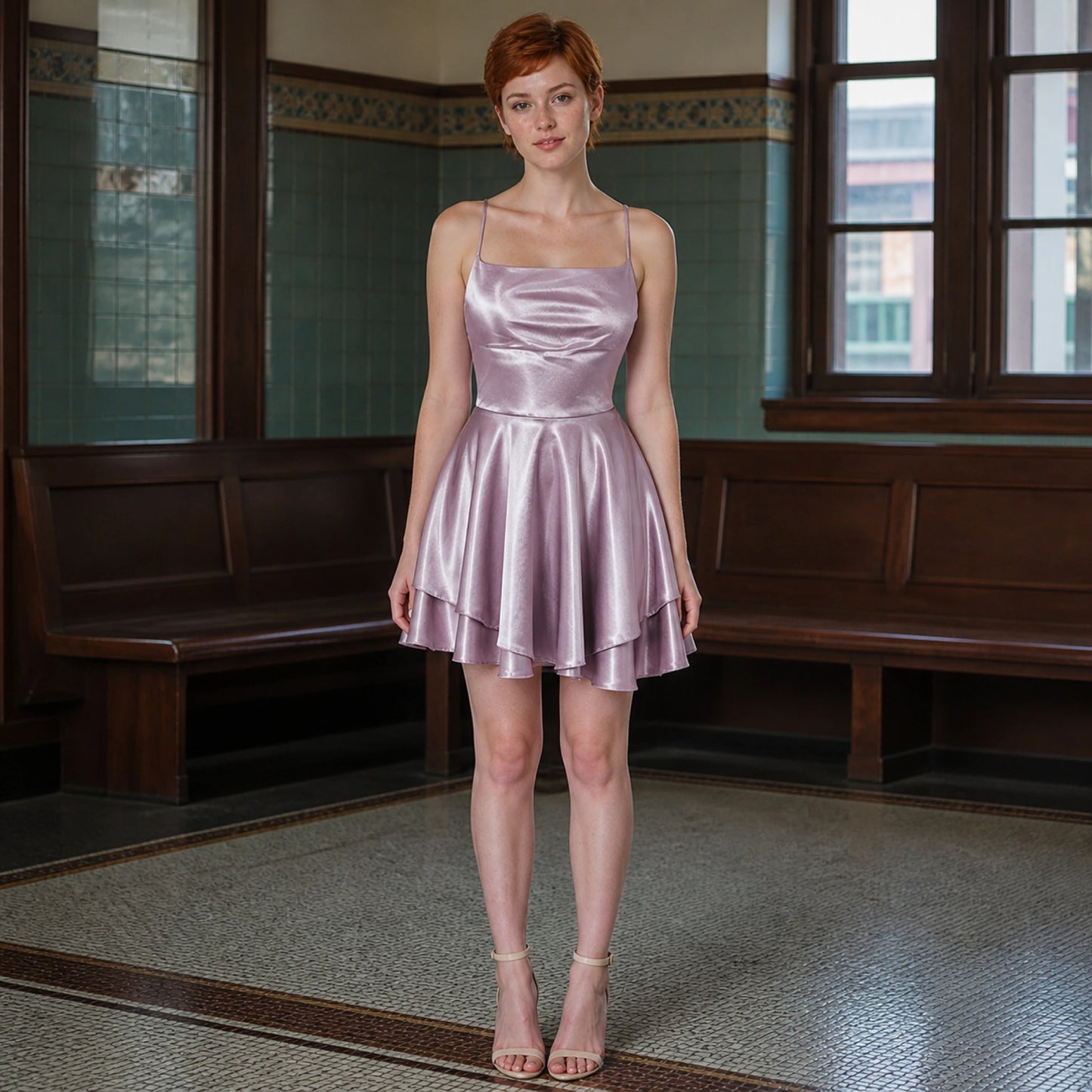 Silver Lilac satin ruffle skirt homecoming dress complete front view — view 10