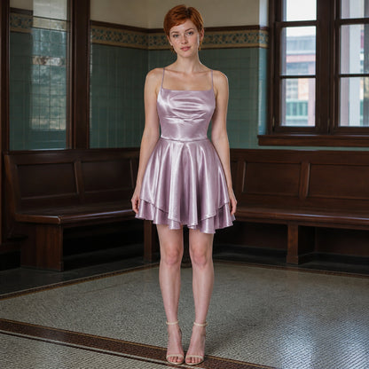 Silver Lilac satin ruffle skirt homecoming dress complete front view — view 10