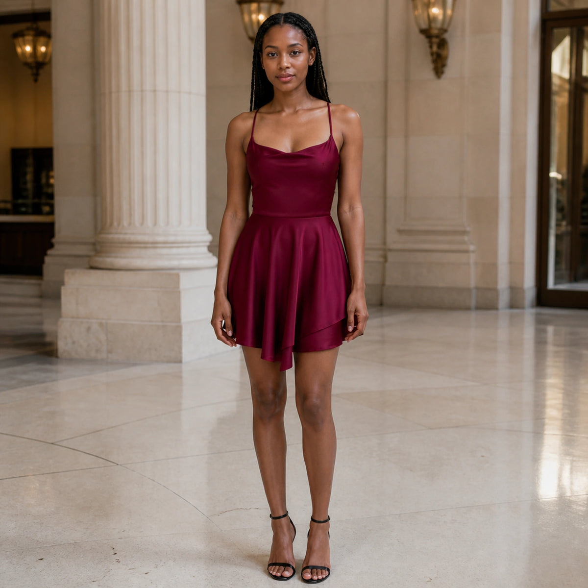 Burgundy satin ruffle skirt homecoming dress complete front view — view 12