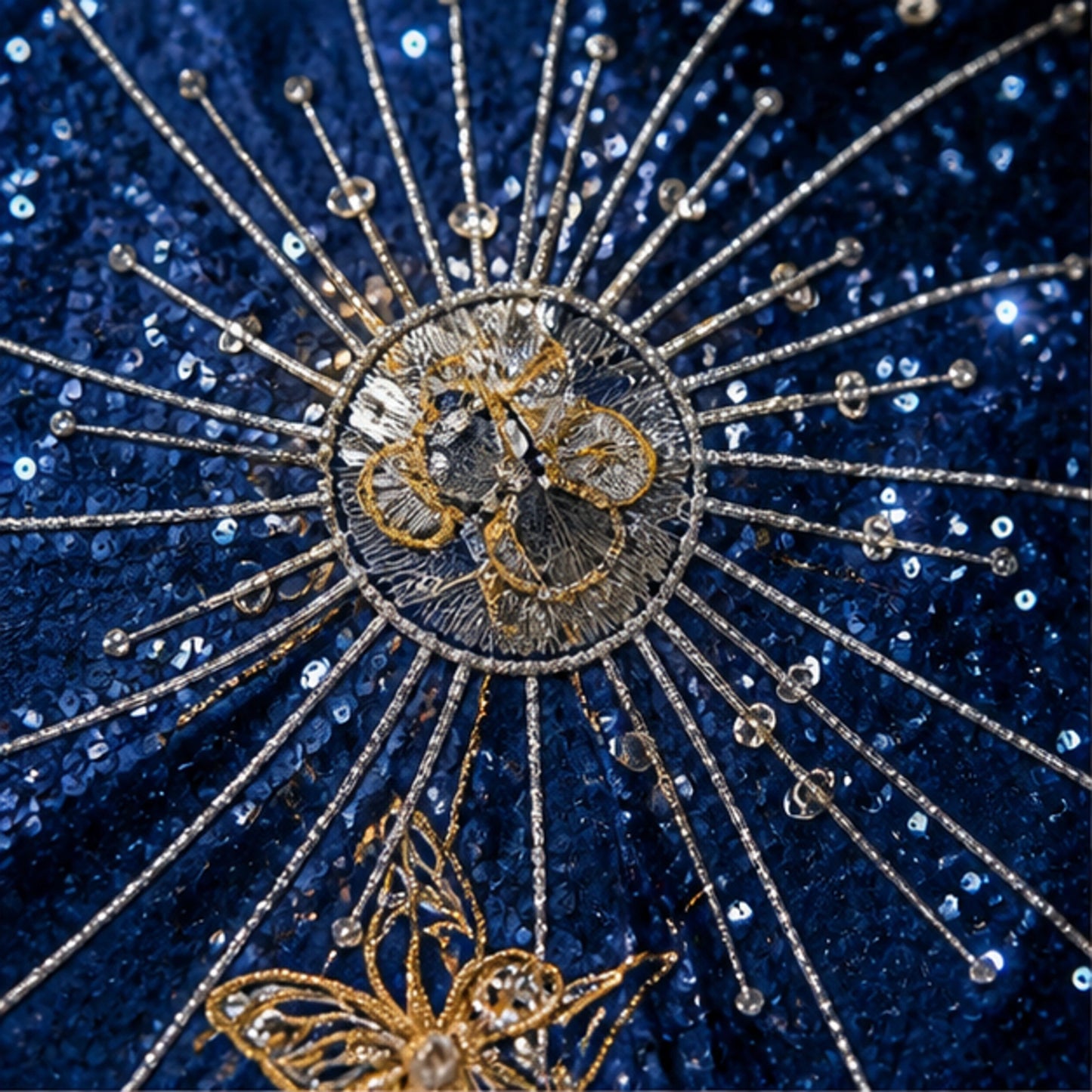homecoming dress — Gold silver celestial sunburst embroidery construction detail — view 5