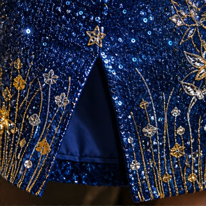 homecoming dress — Navy celestial embroidered front hem opening and lining detail — view 6