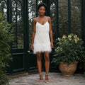 White sequin fringe feather trim homecoming dress complete front view