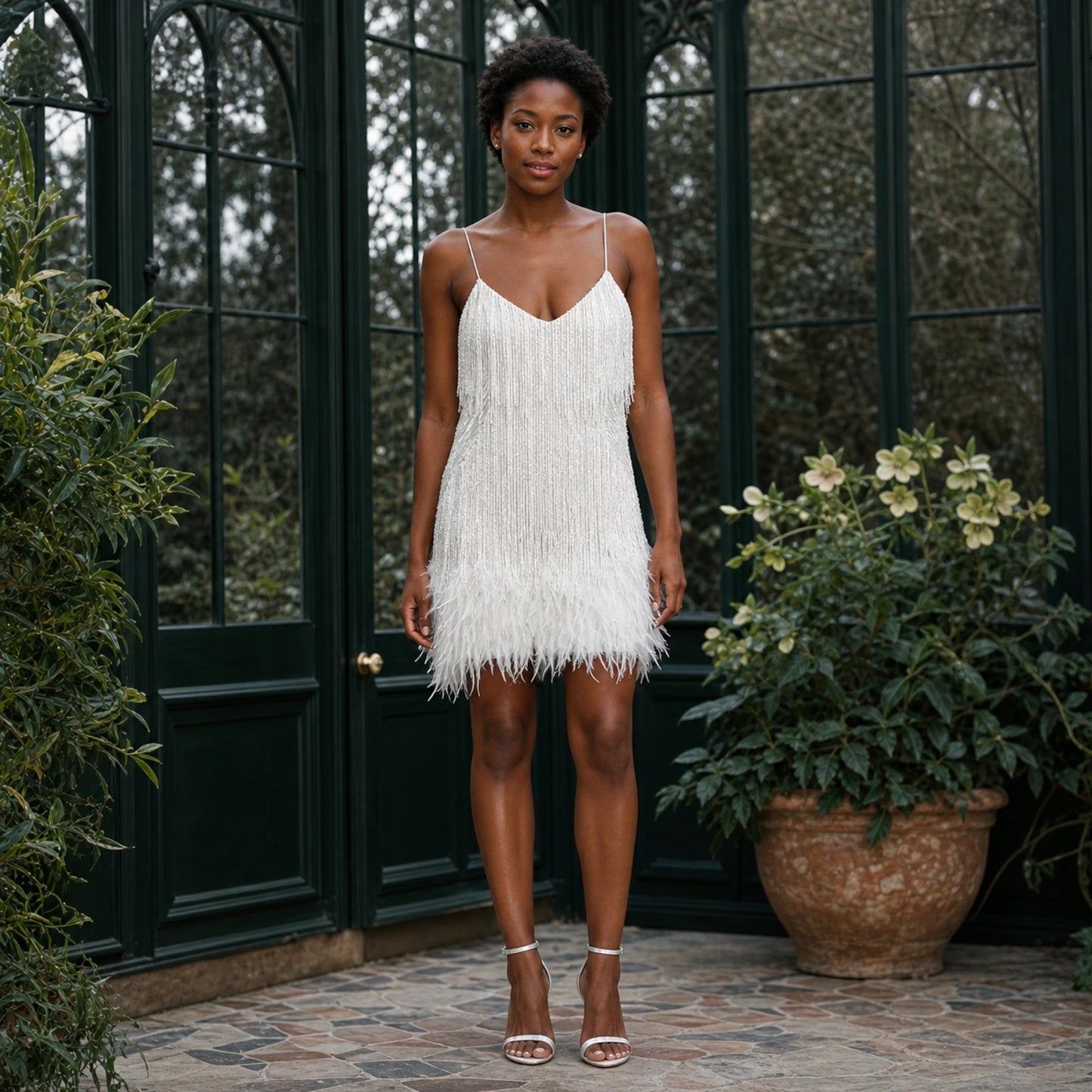 White sequin fringe feather trim homecoming dress complete front view